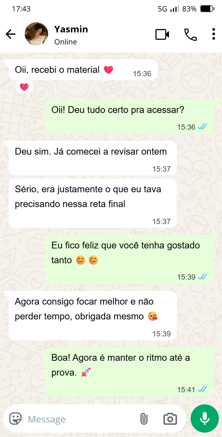 Conversa de WhatsApp com Yasmin sobre o material